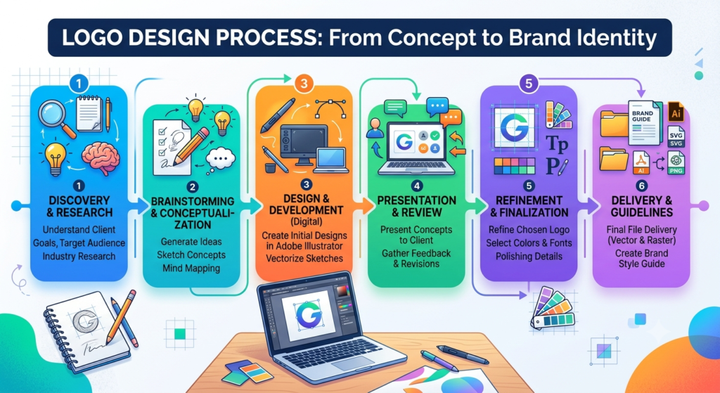 Step-by-step logo design process flowchart by Brands Design showcasing 5 key stages: Discovery, Research, Concepts, Revisions, and Final Delivery for professional branding projects.